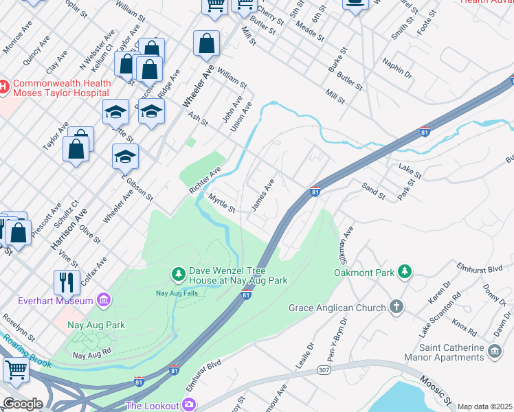 map of restaurants, bars, coffee shops, grocery stores, and more near 800 James Avenue in Scranton