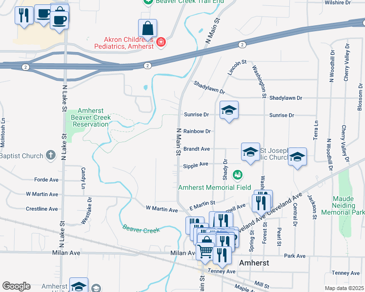 map of restaurants, bars, coffee shops, grocery stores, and more near 105 Brandt Avenue in Amherst