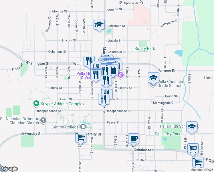 map of restaurants, bars, coffee shops, grocery stores, and more near in Pella