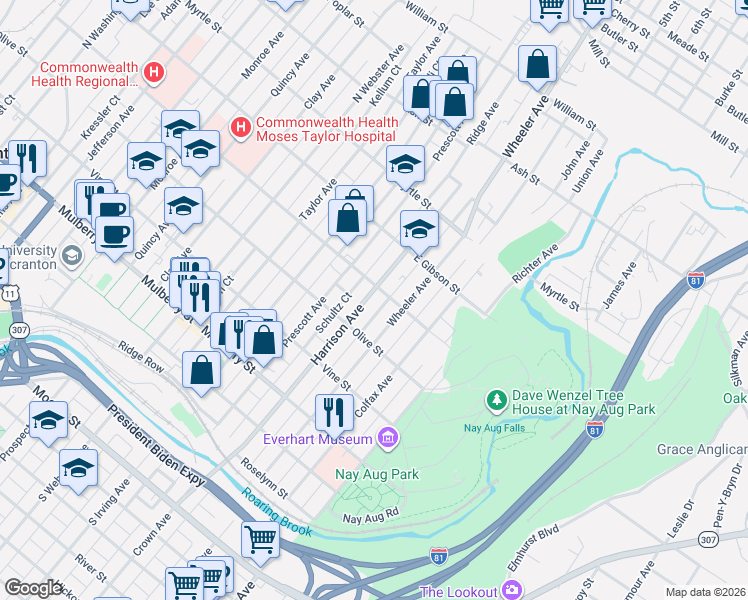 map of restaurants, bars, coffee shops, grocery stores, and more near 1522 Pine Street in Scranton