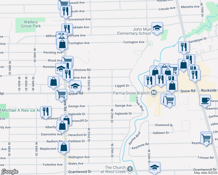 map of restaurants, bars, coffee shops, grocery stores, and more near 2828 Liggett Drive in Parma