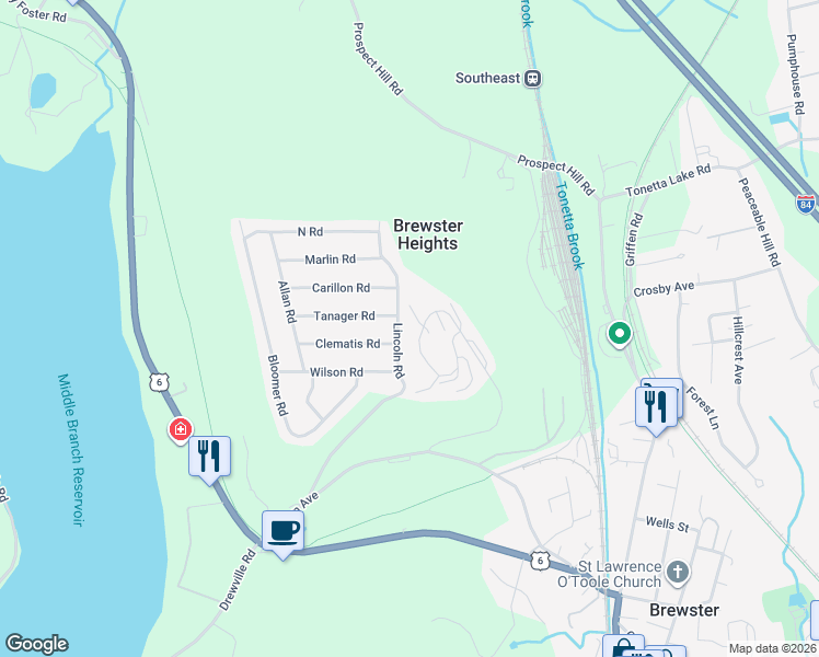 map of restaurants, bars, coffee shops, grocery stores, and more near 1407 Eagles Ridge Road in Brewster