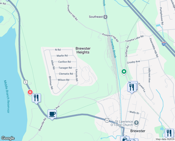 map of restaurants, bars, coffee shops, grocery stores, and more near 1601 Eagles Ridge Road in Brewster