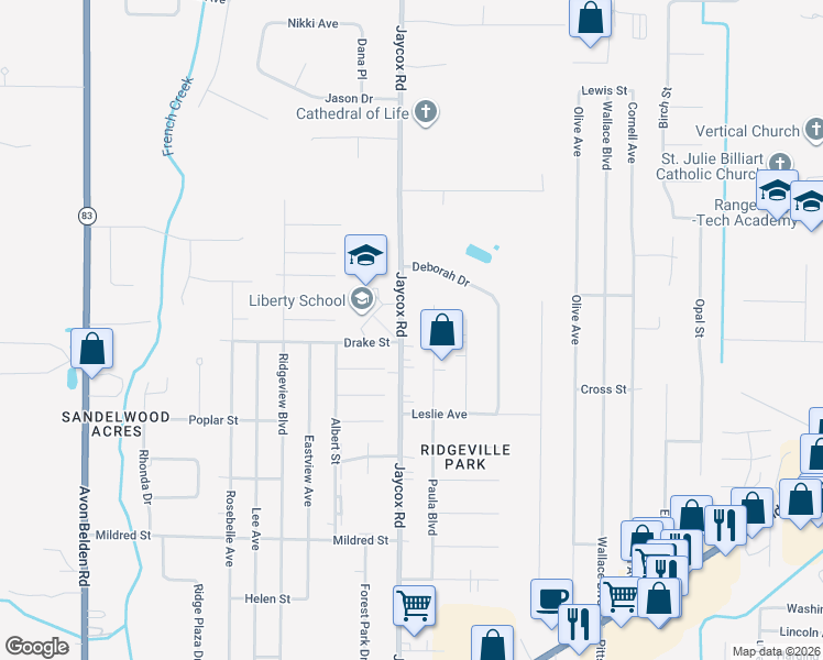 map of restaurants, bars, coffee shops, grocery stores, and more near 5711 Jaycox Road in North Ridgeville