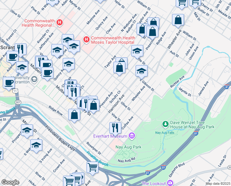 map of restaurants, bars, coffee shops, grocery stores, and more near 622 Prescott Avenue in Scranton
