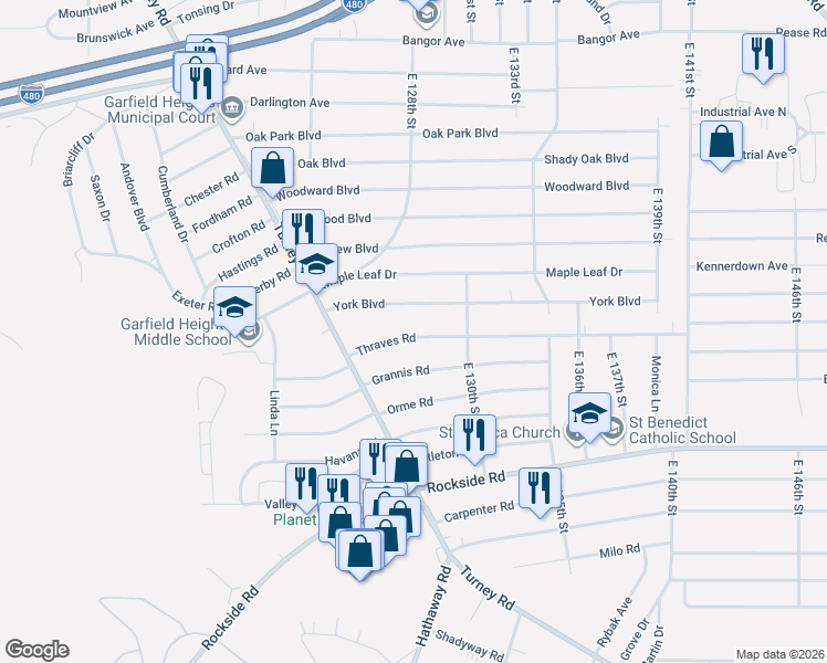 map of restaurants, bars, coffee shops, grocery stores, and more near 12804 York Boulevard in Garfield Heights