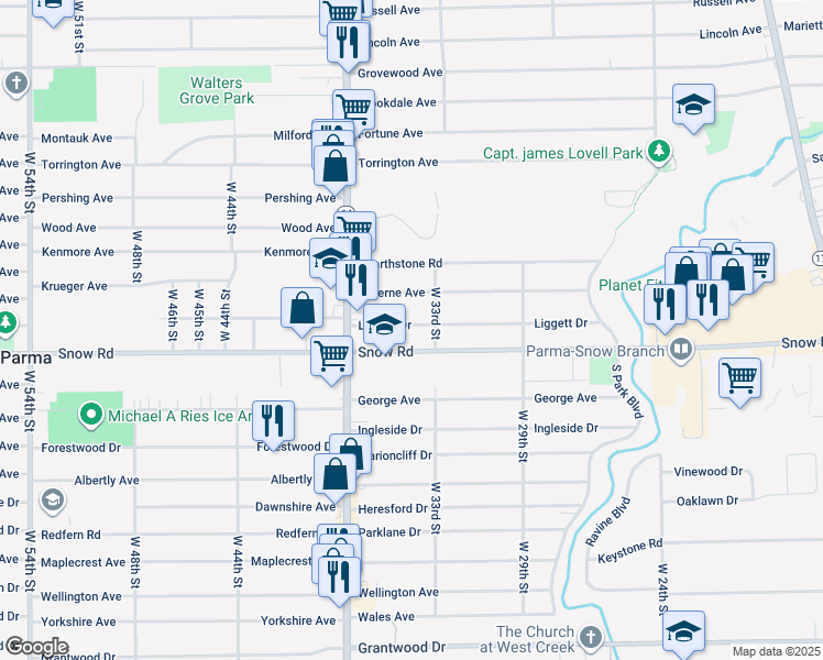 map of restaurants, bars, coffee shops, grocery stores, and more near 3326 Liggett Drive in Parma