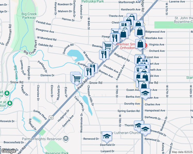 map of restaurants, bars, coffee shops, grocery stores, and more near 5747 Pearl Road in Parma