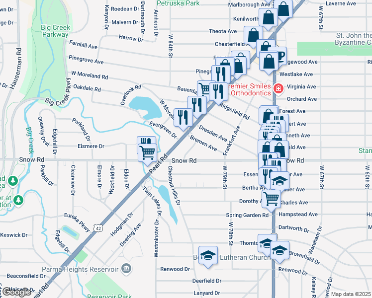 map of restaurants, bars, coffee shops, grocery stores, and more near 5747 Pearl Road in Parma