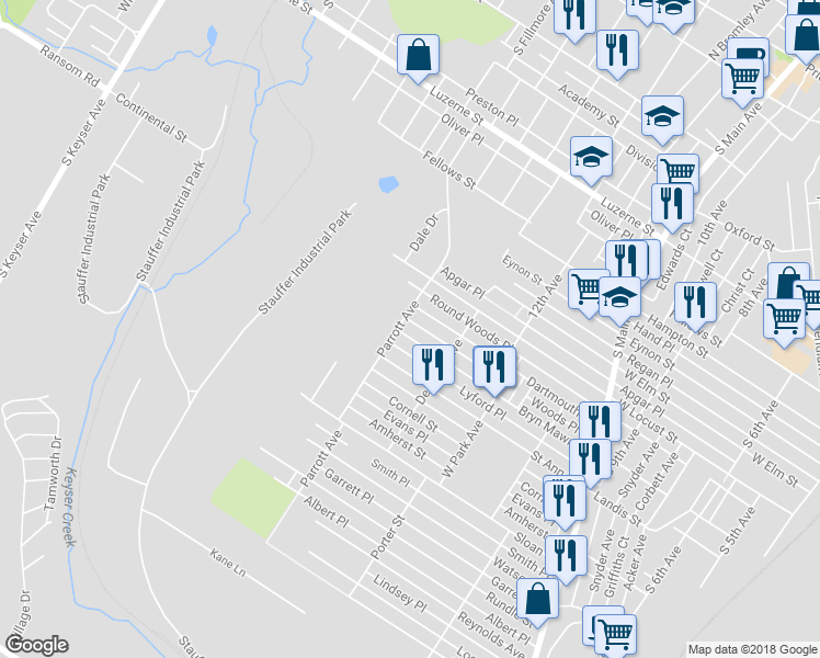 map of restaurants, bars, coffee shops, grocery stores, and more near 1444 Bryn Mawr Street in Scranton