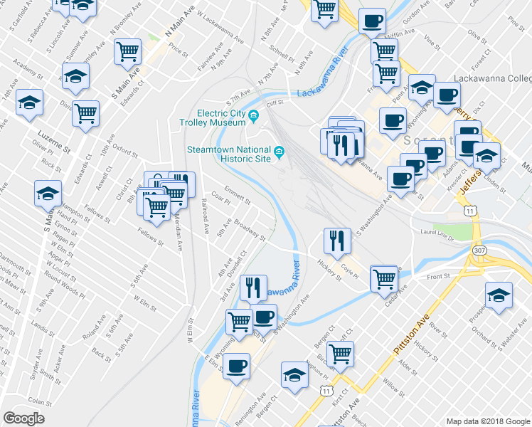 map of restaurants, bars, coffee shops, grocery stores, and more near 307 Emmett Street in Scranton
