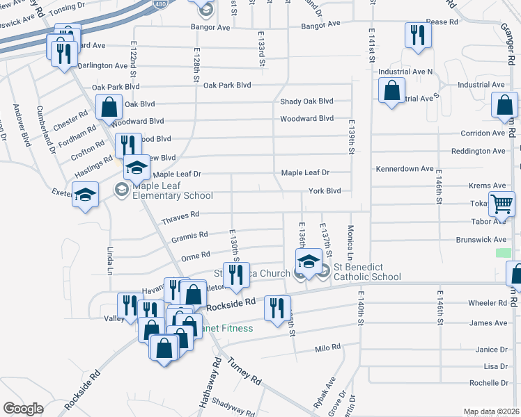 map of restaurants, bars, coffee shops, grocery stores, and more near 13215 Thraves Road in Cleveland