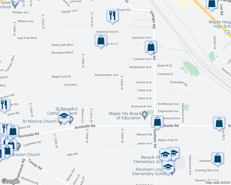 map of restaurants, bars, coffee shops, grocery stores, and more near 14500 Tokay Avenue in Maple Heights
