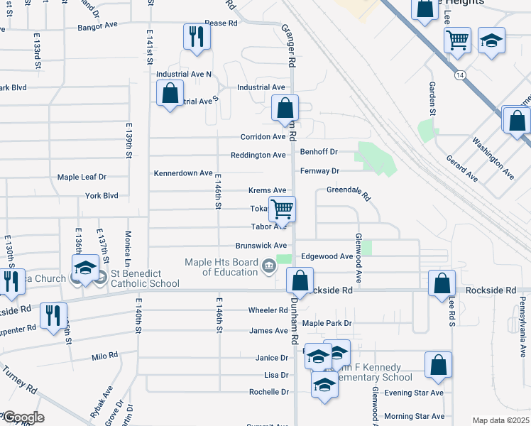 map of restaurants, bars, coffee shops, grocery stores, and more near 14903 Tokay Avenue in Maple Heights