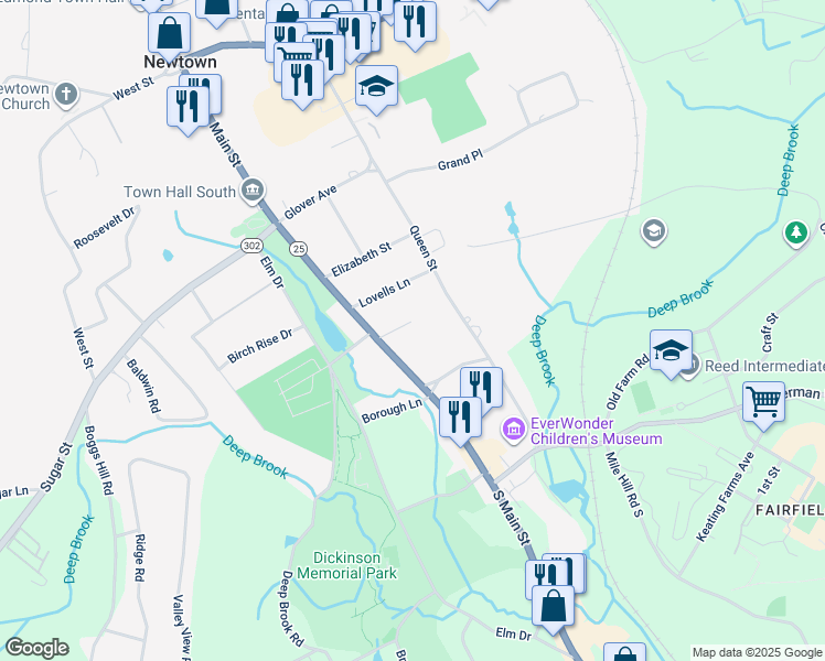 map of restaurants, bars, coffee shops, grocery stores, and more near 6 Laurel Road in Newtown