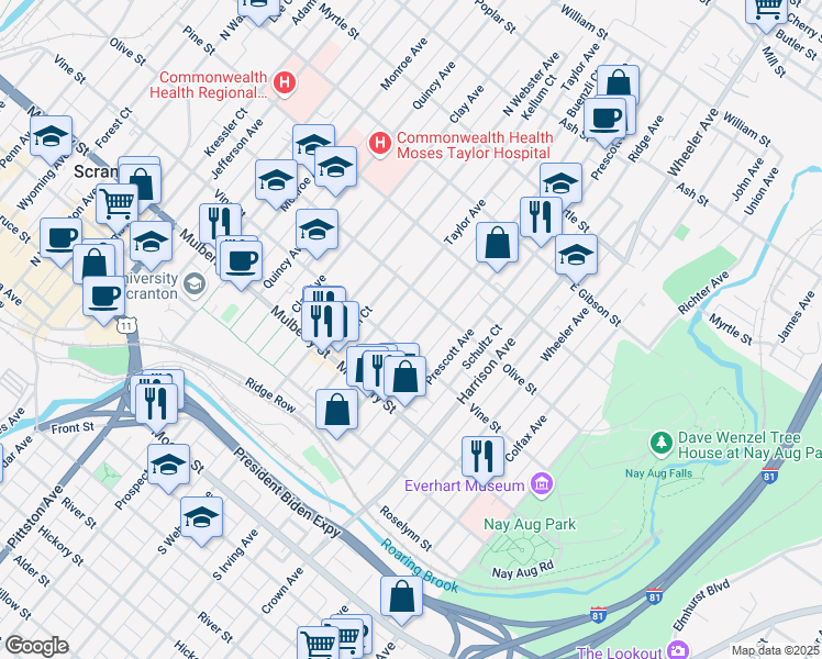 map of restaurants, bars, coffee shops, grocery stores, and more near 519 Buenzli Court in Scranton