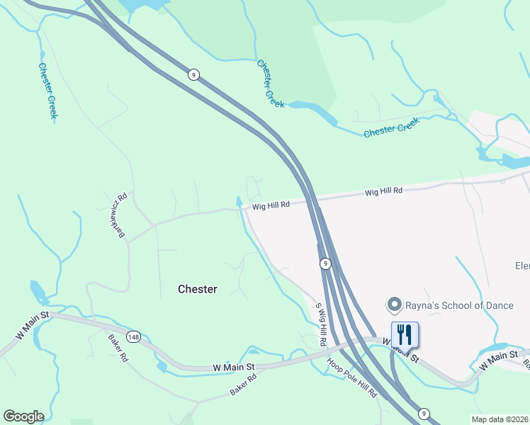 map of restaurants, bars, coffee shops, grocery stores, and more near 59 Wig Hill Road in Chester