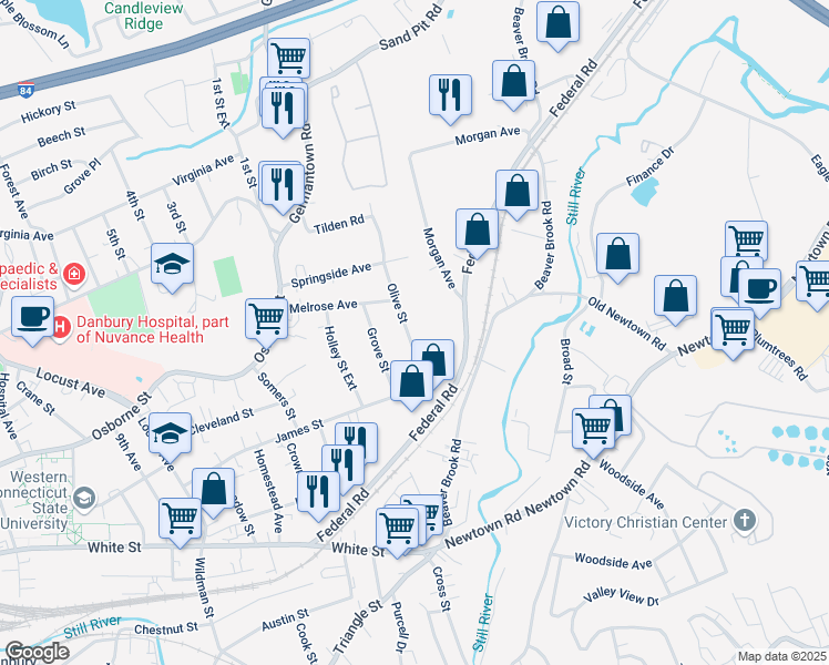 map of restaurants, bars, coffee shops, grocery stores, and more near 13 Olive Street in Danbury