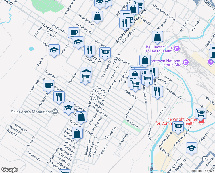map of restaurants, bars, coffee shops, grocery stores, and more near 445-499 10th Ave in Scranton