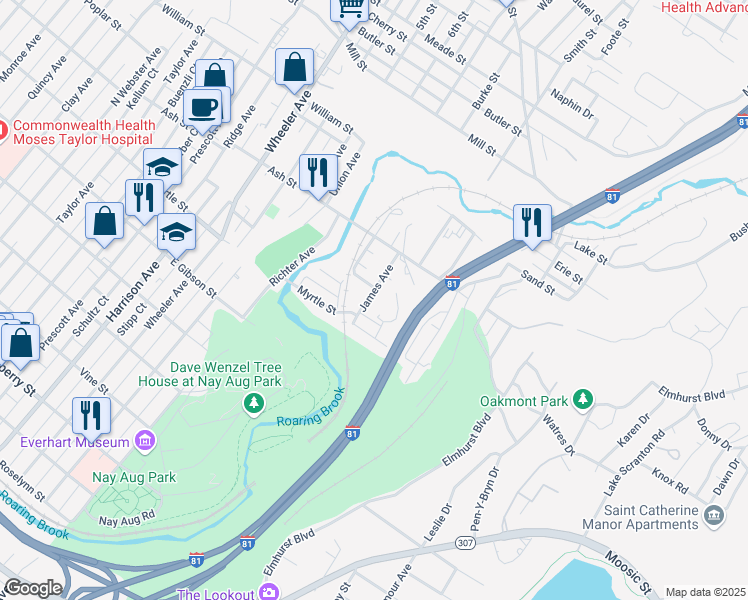 map of restaurants, bars, coffee shops, grocery stores, and more near 931 James Avenue in Scranton