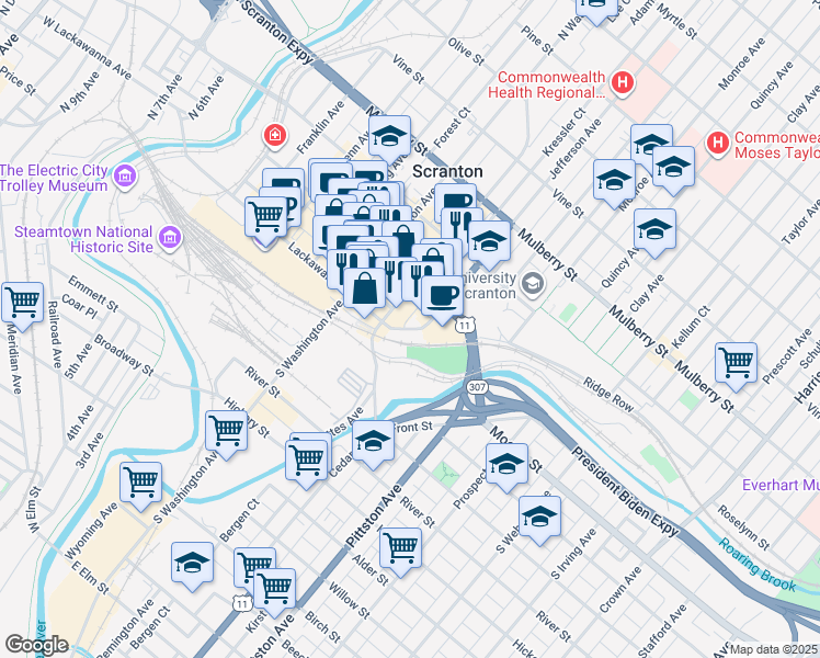 map of restaurants, bars, coffee shops, grocery stores, and more near 100 Adams Avenue in Scranton