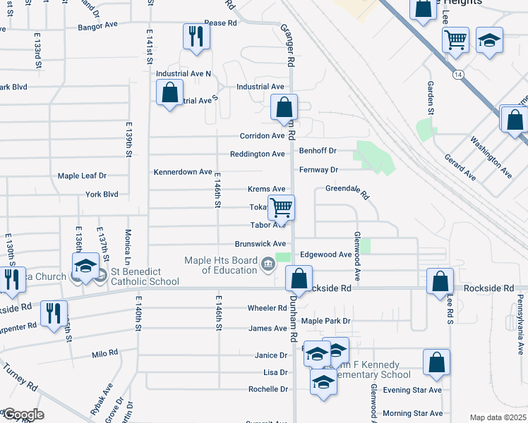 map of restaurants, bars, coffee shops, grocery stores, and more near 14903 Tokay Avenue in Maple Heights