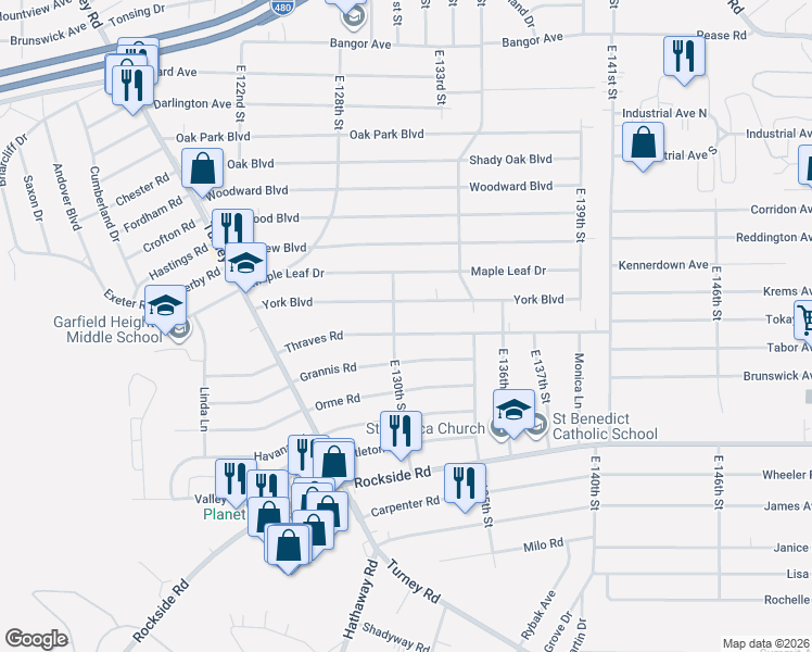 map of restaurants, bars, coffee shops, grocery stores, and more near 13000 York Boulevard in Garfield Heights