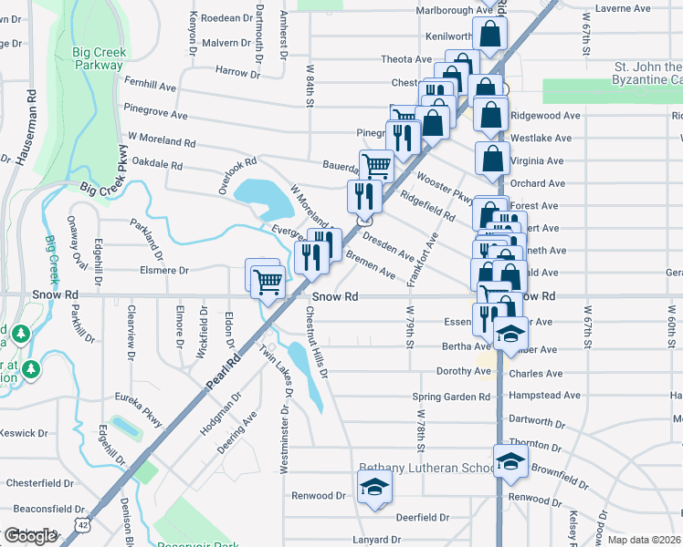 map of restaurants, bars, coffee shops, grocery stores, and more near 5747 Pearl Road in Parma