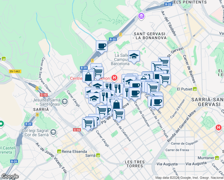 map of restaurants, bars, coffee shops, grocery stores, and more near 17 Carrer de la Marquesa de Vilallonga in Barcelona