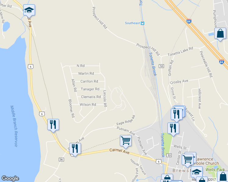 map of restaurants, bars, coffee shops, grocery stores, and more near 1601 Eagles Ridge Road in Brewster