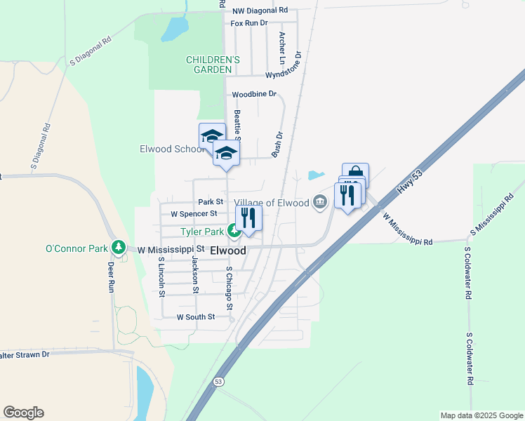 map of restaurants, bars, coffee shops, grocery stores, and more near in Elwood