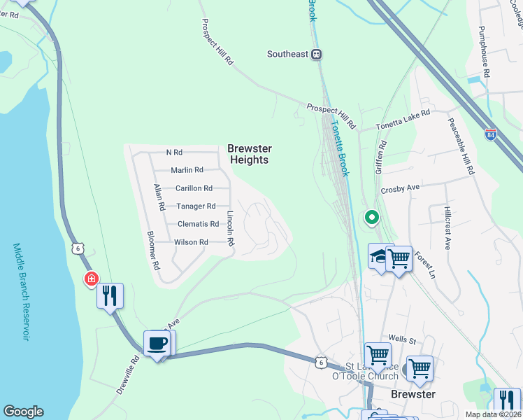 map of restaurants, bars, coffee shops, grocery stores, and more near 1601 Eagles Ridge Road in Brewster