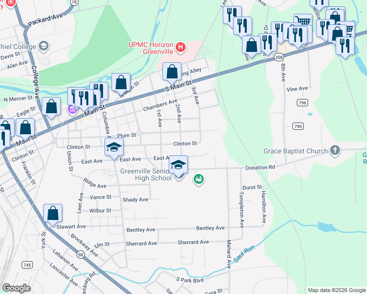 map of restaurants, bars, coffee shops, grocery stores, and more near 131 Clinton Street in Greenville