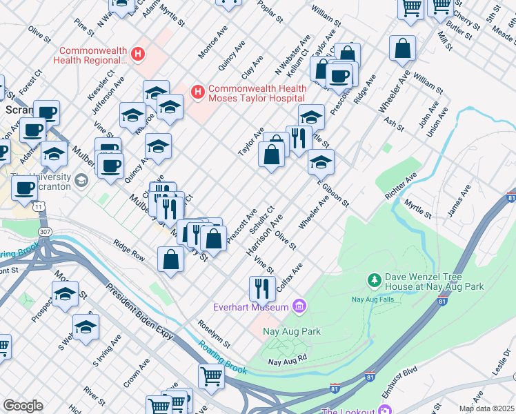 map of restaurants, bars, coffee shops, grocery stores, and more near 622 Prescott Avenue in Scranton