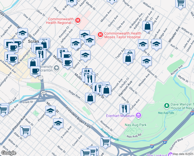 map of restaurants, bars, coffee shops, grocery stores, and more near 1219 Vine Street in Scranton