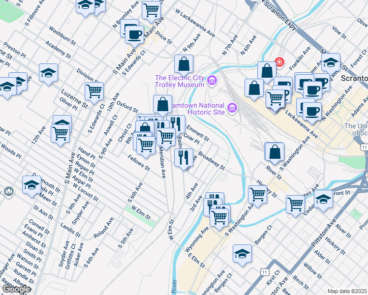 map of restaurants, bars, coffee shops, grocery stores, and more near 308 Railroad Avenue in Scranton