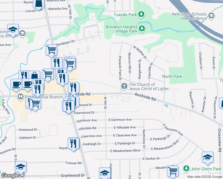 map of restaurants, bars, coffee shops, grocery stores, and more near 221 Rockside Road in Seven Hills