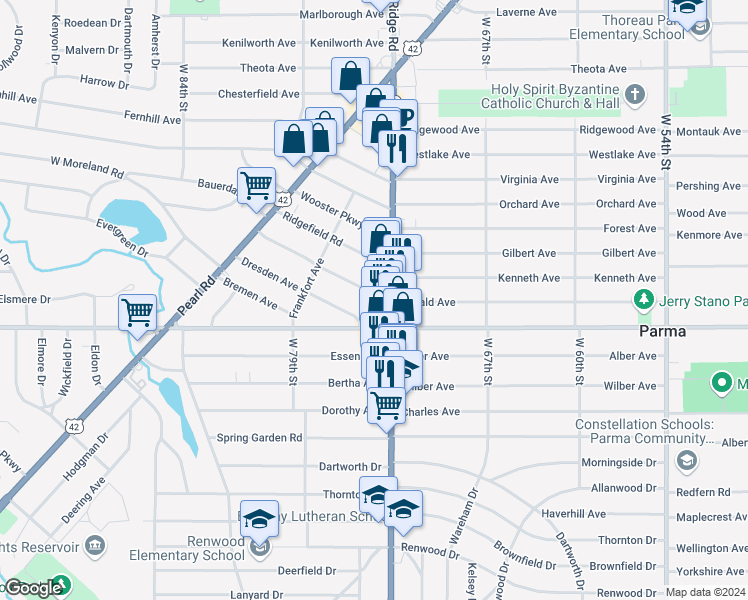 map of restaurants, bars, coffee shops, grocery stores, and more near 5758 Ridge Road in Parma