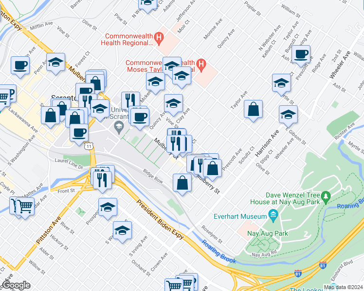 map of restaurants, bars, coffee shops, grocery stores, and more near 426 North Webster Avenue in Scranton