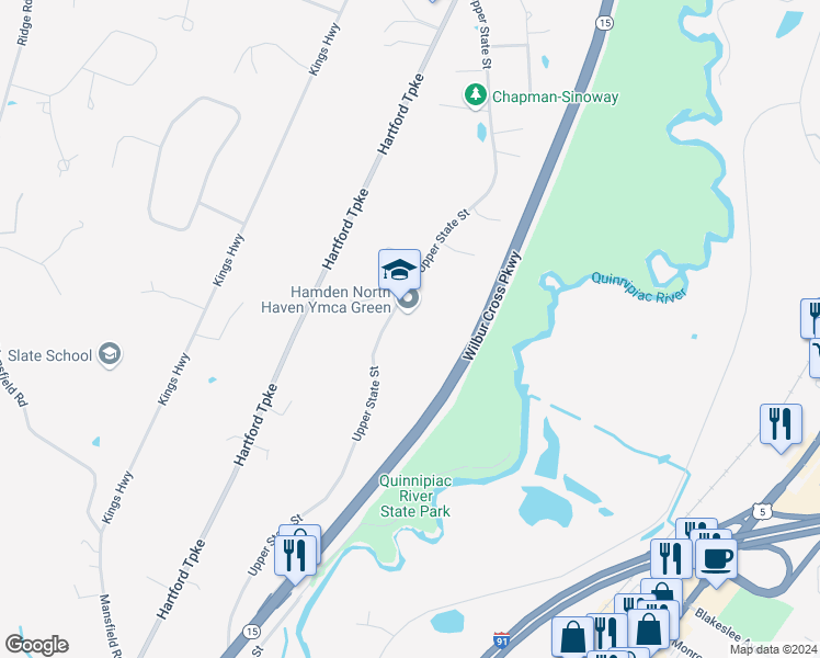 map of restaurants, bars, coffee shops, grocery stores, and more near 146 Upper State Street in North Haven