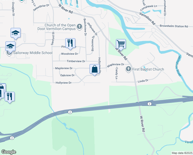 map of restaurants, bars, coffee shops, grocery stores, and more near 4679 Hollyview Drive in Vermilion