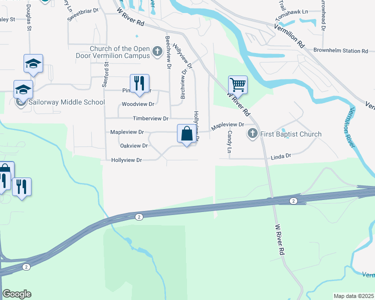 map of restaurants, bars, coffee shops, grocery stores, and more near 4679 Hollyview Drive in Vermilion