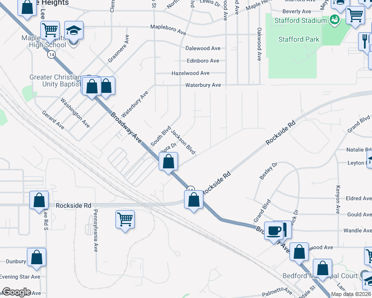 map of restaurants, bars, coffee shops, grocery stores, and more near 52 Jackson Boulevard in Bedford