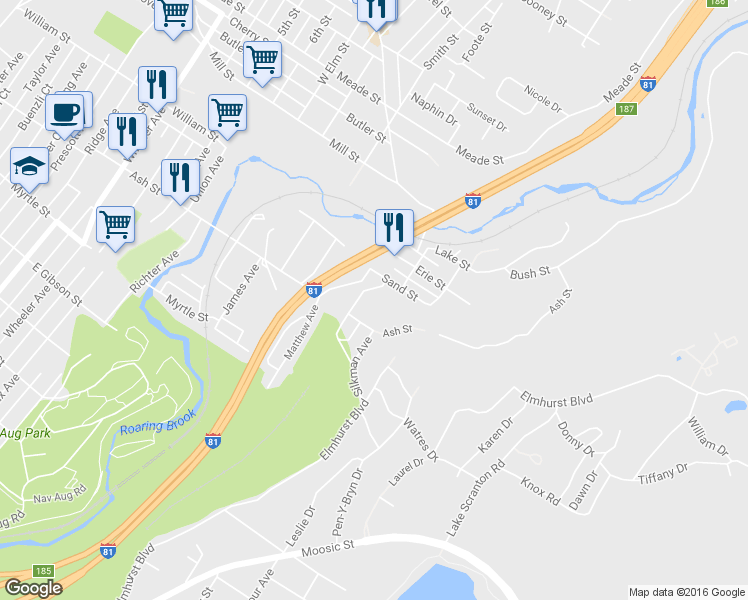 map of restaurants, bars, coffee shops, grocery stores, and more near 1000 Sadler Avenue in Scranton