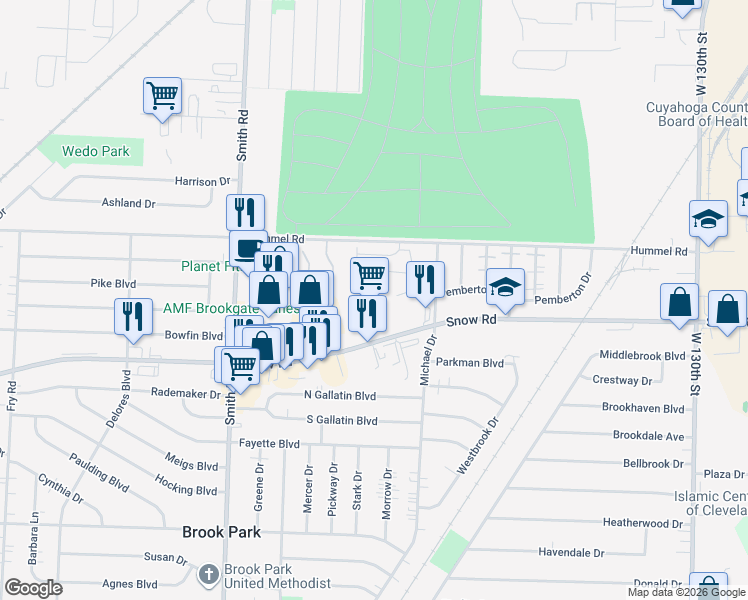map of restaurants, bars, coffee shops, grocery stores, and more near 14650 Snow Road in Brook Park