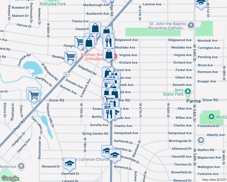 map of restaurants, bars, coffee shops, grocery stores, and more near 7110 Gerald Avenue in Parma