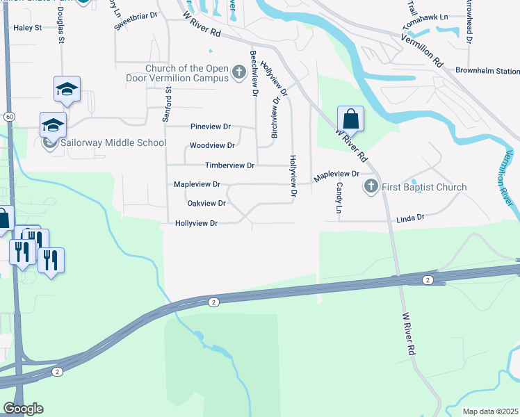 map of restaurants, bars, coffee shops, grocery stores, and more near 4749 Hollyview Drive in Vermilion