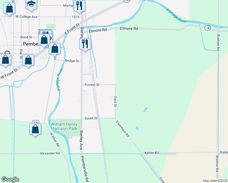 map of restaurants, bars, coffee shops, grocery stores, and more near 424 East Street in Pemberville