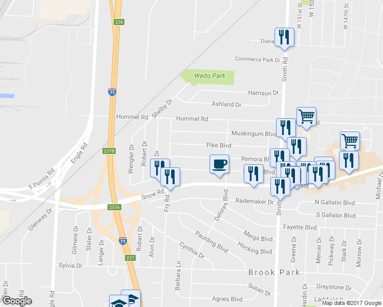 map of restaurants, bars, coffee shops, grocery stores, and more near 16210 Remora Boulevard in Brook Park