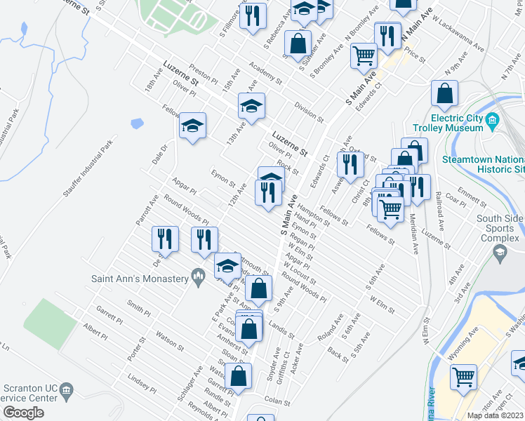 map of restaurants, bars, coffee shops, grocery stores, and more near 1129 Eynon St in Scranton